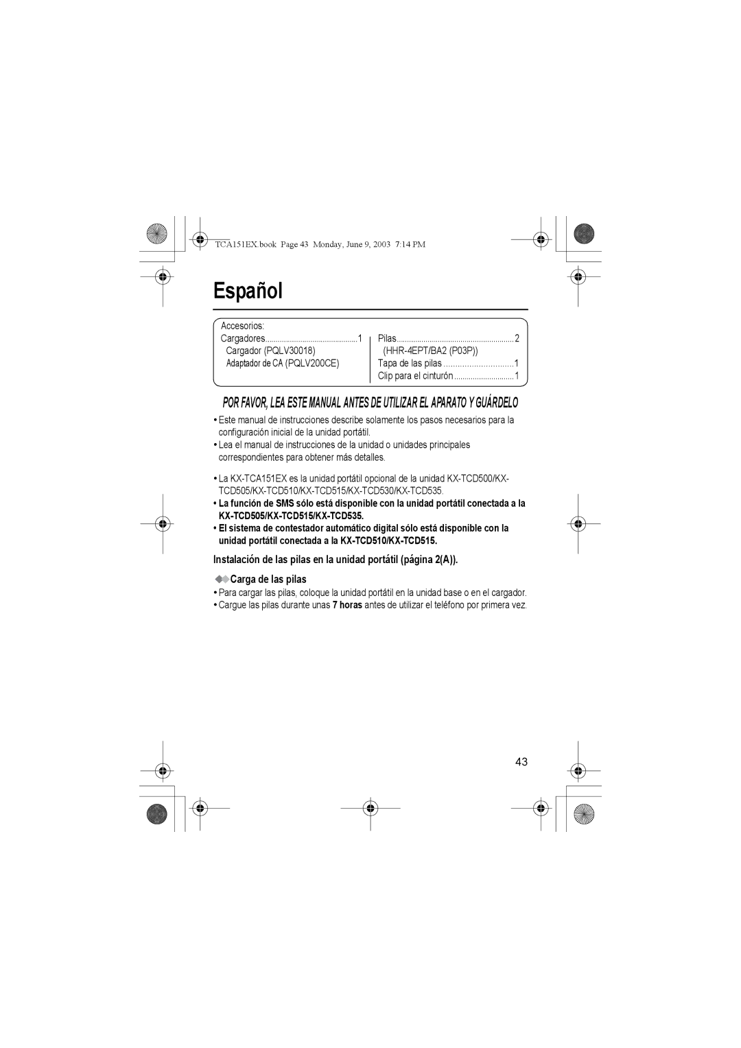 Panasonic KX-TCA151EX operating instructions Español, Accesorios, Cargador PQLV30018 