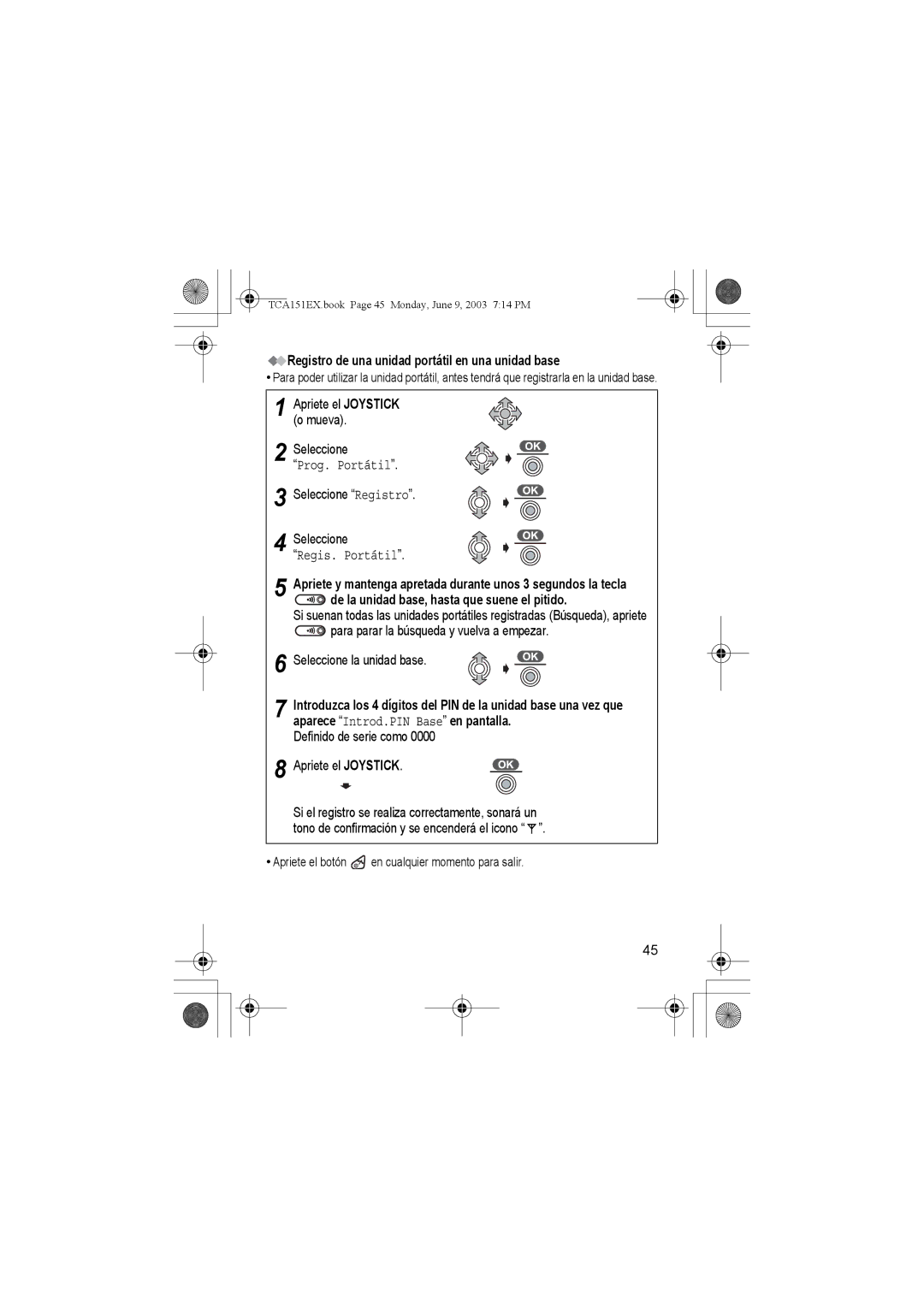 Panasonic KX-TCA151EX Registro de una unidad portátil en una unidad base, Seleccione Registro, Seleccione la unidad base 