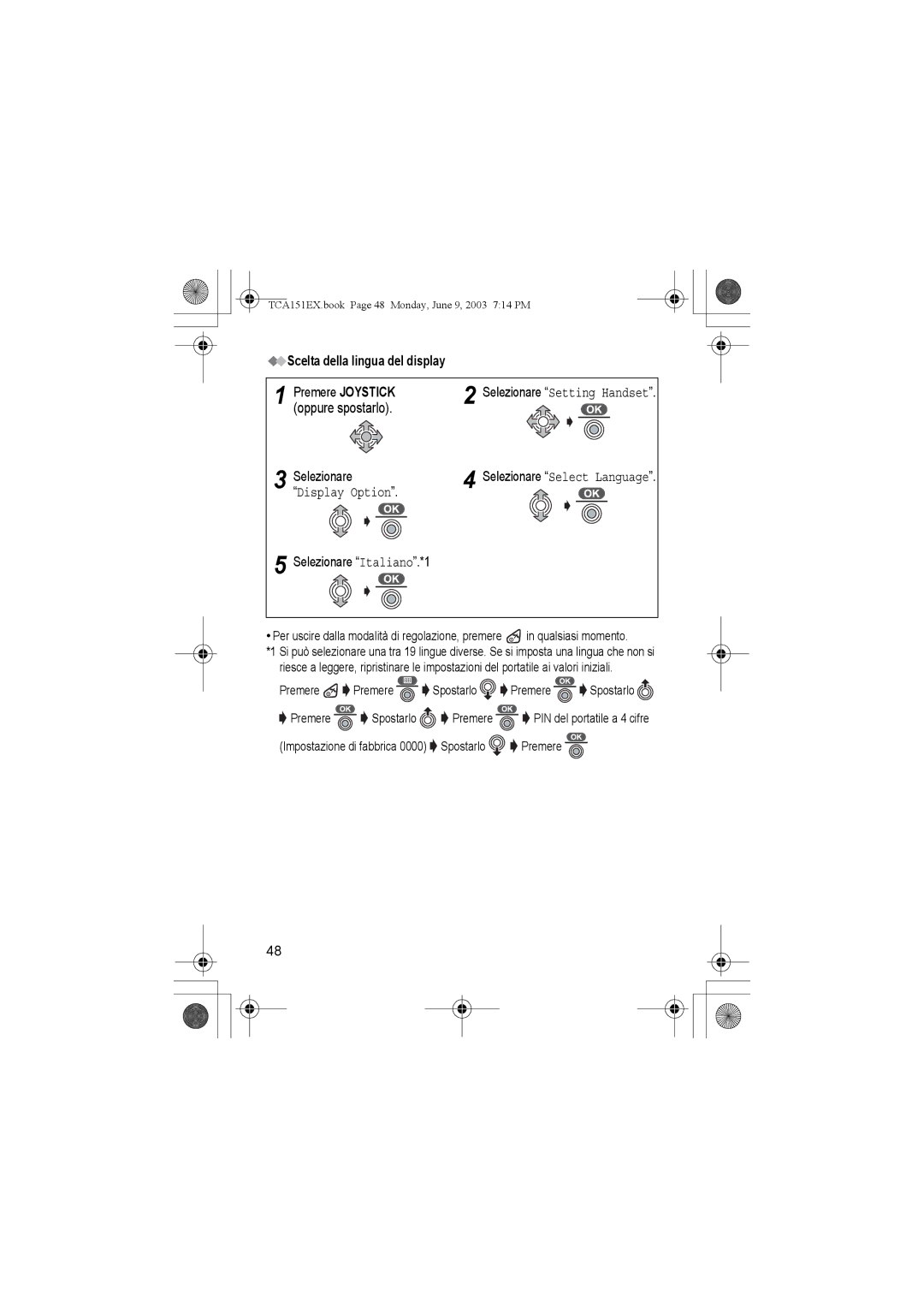 Panasonic KX-TCA151EX Oppure spostarlo, Scelta della lingua del display, Premere Joystick, Selezionare 