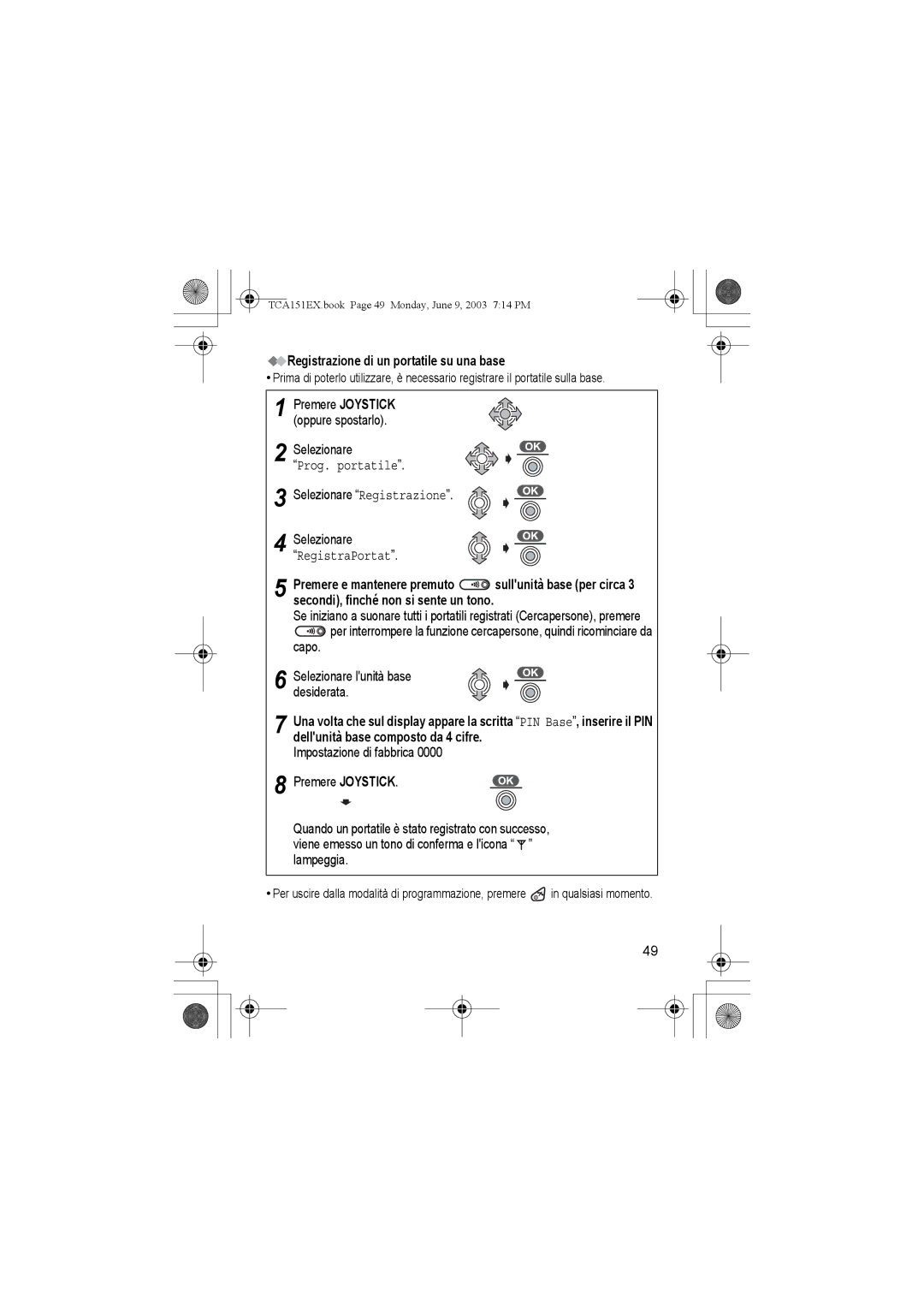 Panasonic KX-TCA151EX Registrazione di un portatile su una base, Premere Joystick Oppure spostarlo Selezionare, Capo 