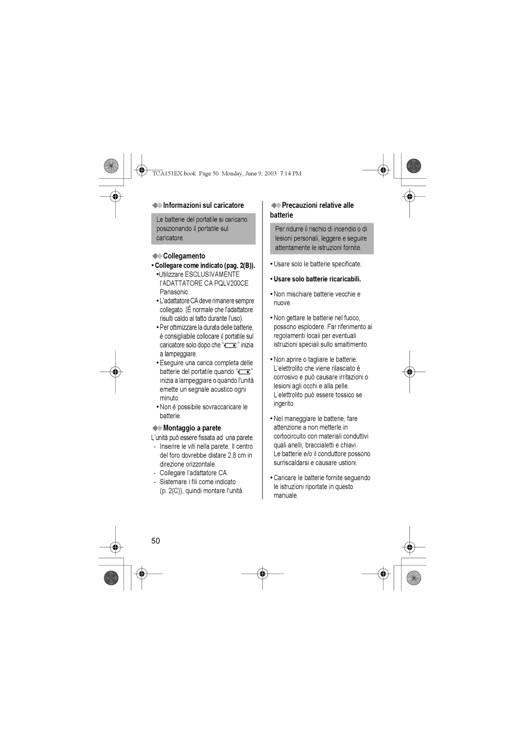 Panasonic KX-TCA151EX Informazioni sul caricatore, Collegamento, Montaggio a parete, Precauzioni relative alle batterie 