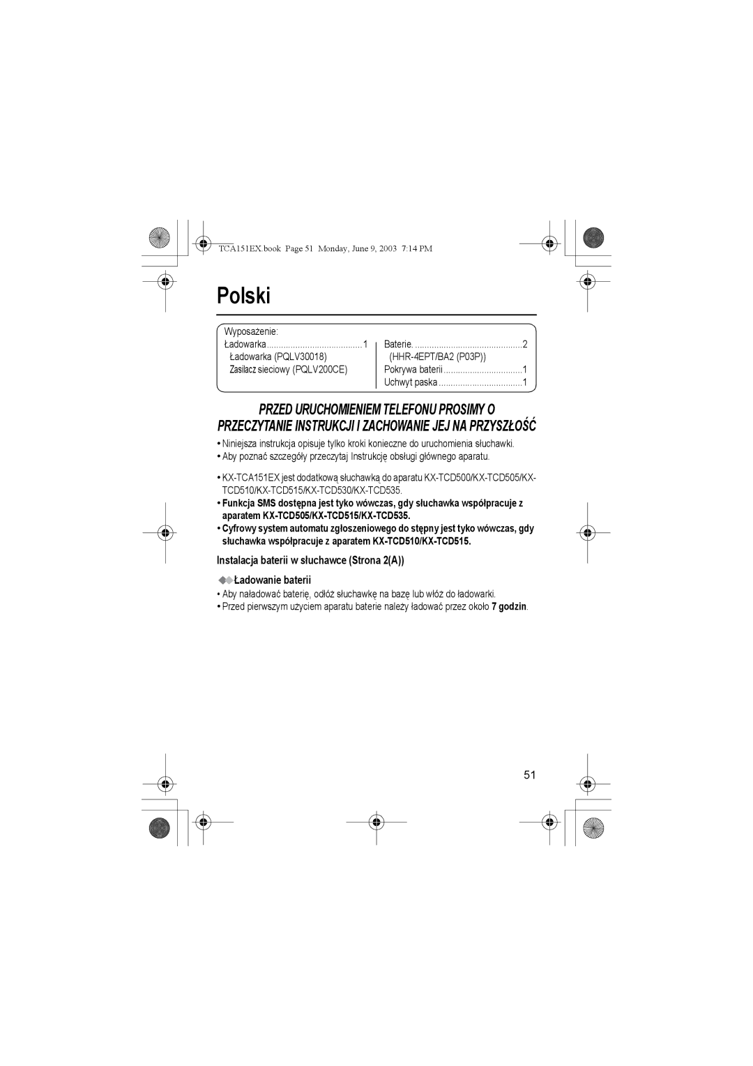 Panasonic KX-TCA151EX Polski, Instalacja baterii w słuchawce Strona 2A Ładowanie baterii, Wyposażenie, Ładowarka PQLV30018 