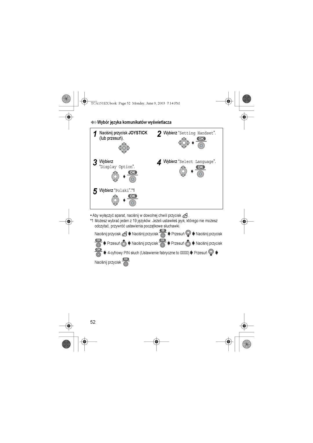 Panasonic KX-TCA151EX operating instructions Lub przesuń, Wybór języka komunikatów wyświetlacza, Wybierz Polski.*1 