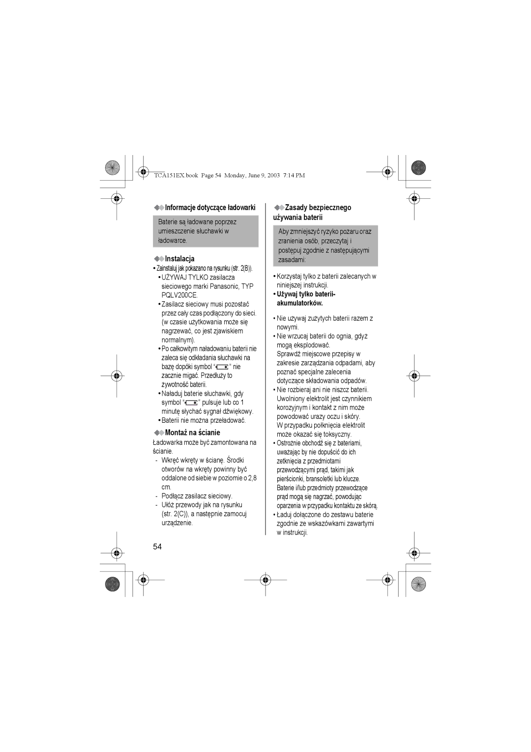 Panasonic KX-TCA151EX operating instructions Instalacja, Montaż na ścianie, Baterii nie można przeładować 