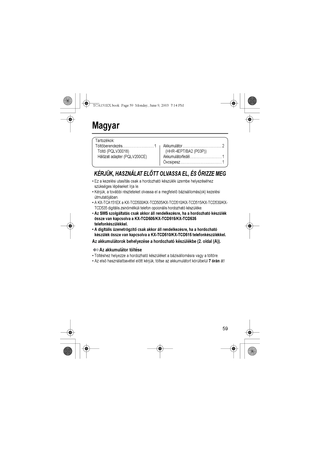 Panasonic KX-TCA151EX operating instructions Magyar, Tartozékok, Töltő PQLV30018 