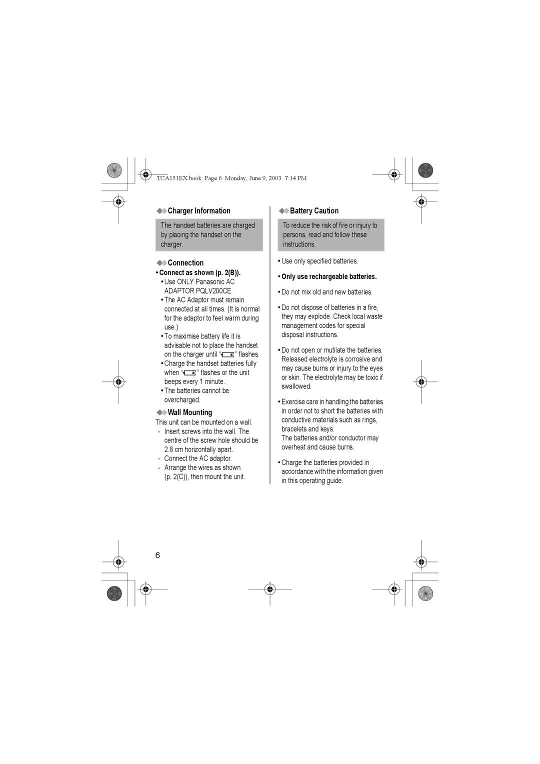 Panasonic KX-TCA151EX operating instructions Charger Information, Connection, Wall Mounting, Battery Caution 