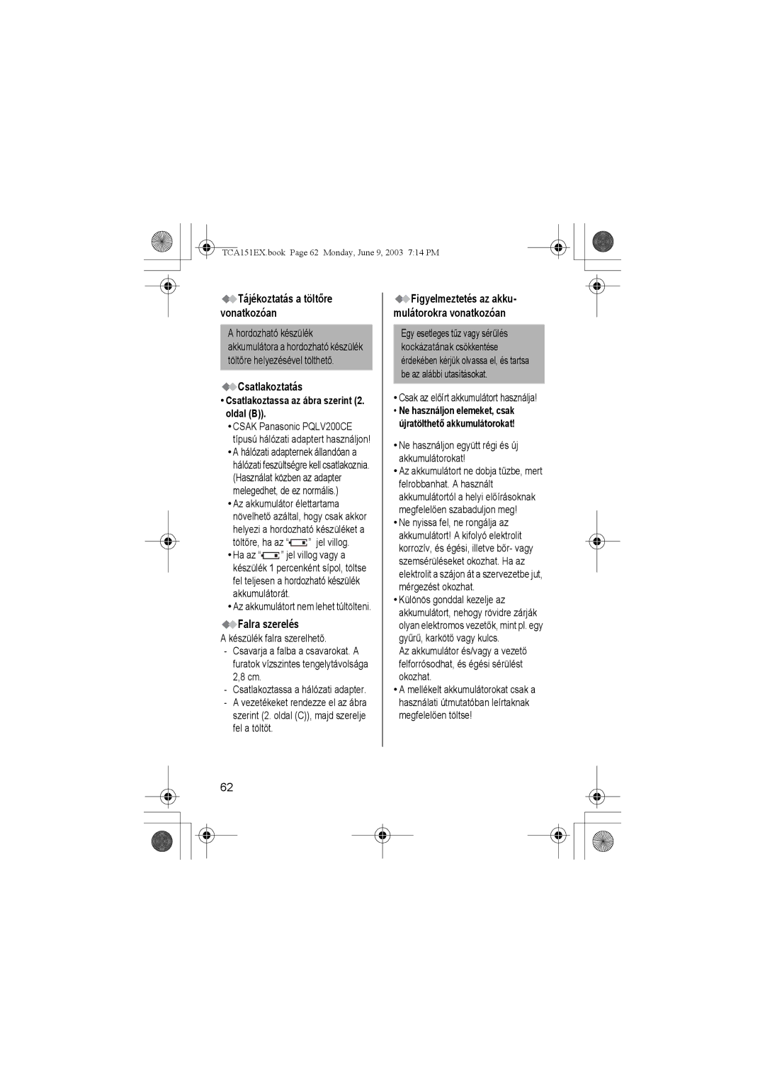 Panasonic KX-TCA151EX operating instructions Tájékoztatás a töltőre vonatkozóan, Csatlakoztatás, Falra szerelés 