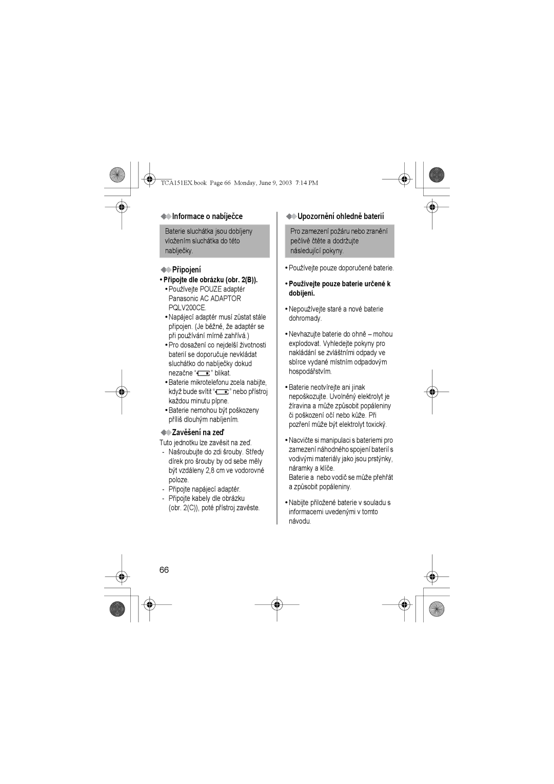 Panasonic KX-TCA151EX operating instructions Informace o nabíječce, Připojení, Zavěšení na zeď, Upozornění ohledně baterií 