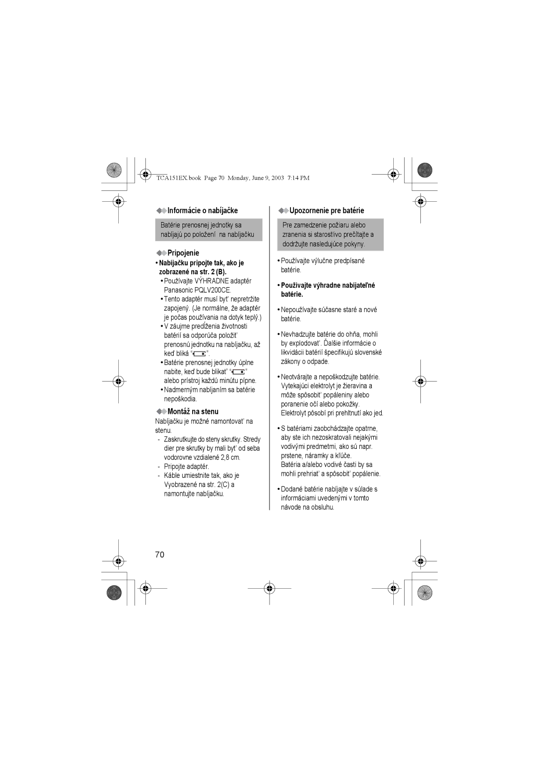 Panasonic KX-TCA151EX operating instructions Informácie o nabíjačke, Pripojenie, Montáž na stenu, Upozornenie pre batérie 