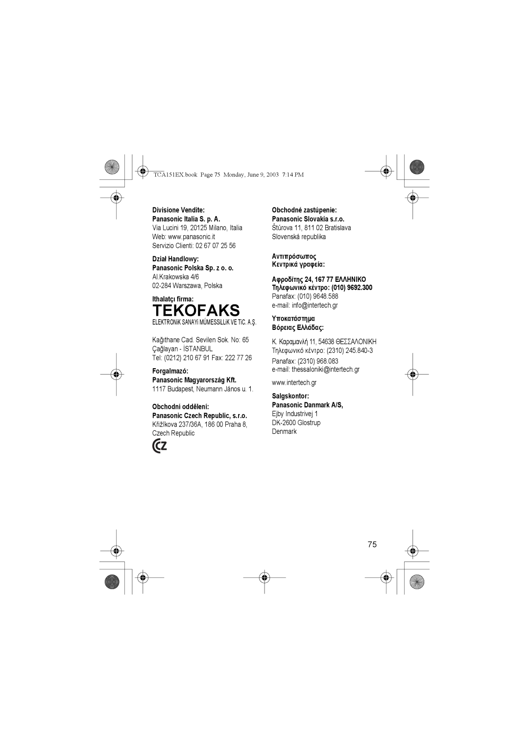 Panasonic KX-TCA151EX operating instructions Ithalatçı firma, Forgalmazó Panasonic Magyarország Kft, Obchodní oddělení 