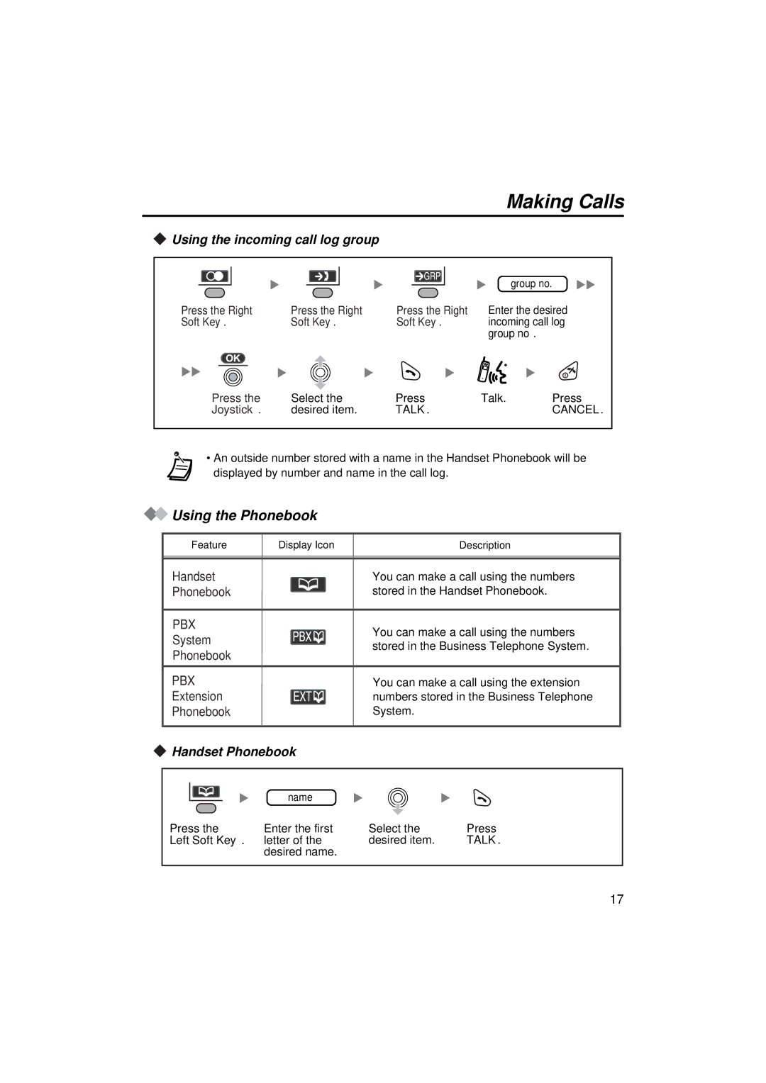 Panasonic KX-TCA155 operating instructions Using the Phonebook, Using the incoming call log group, Handset Phonebook 