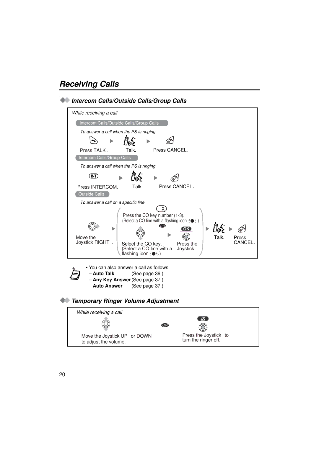 Panasonic KX-TCA155 Receiving Calls, Intercom Calls/Outside Calls/Group Calls, Temporary Ringer Volume Adjustment 