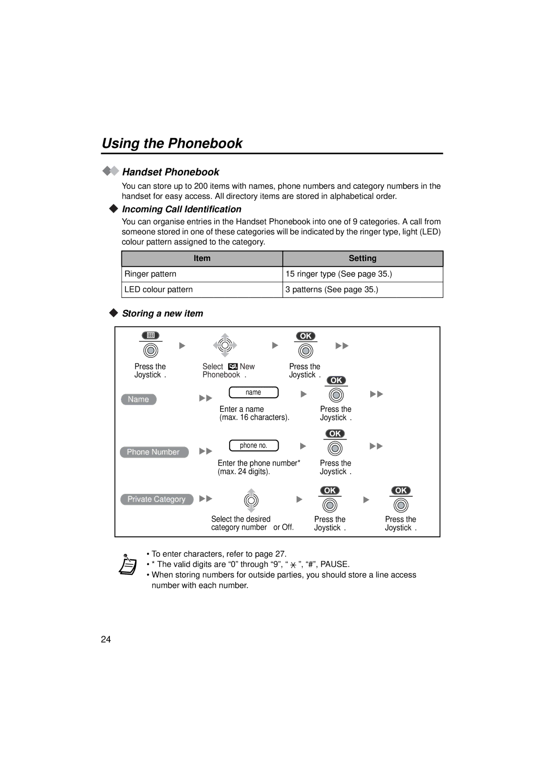 Panasonic KX-TCA155 Using the Phonebook, Handset Phonebook, Incoming Call Identification, Storing a new item 