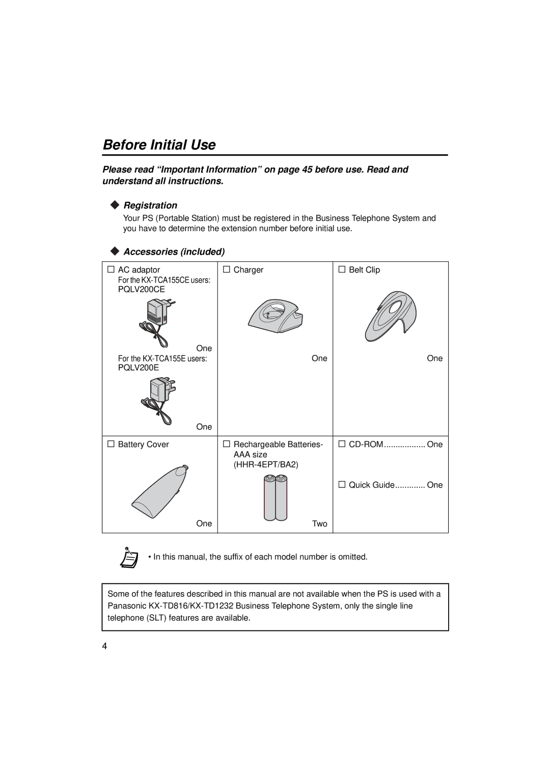 Panasonic KX-TCA155 operating instructions Before Initial Use, Accessories included 