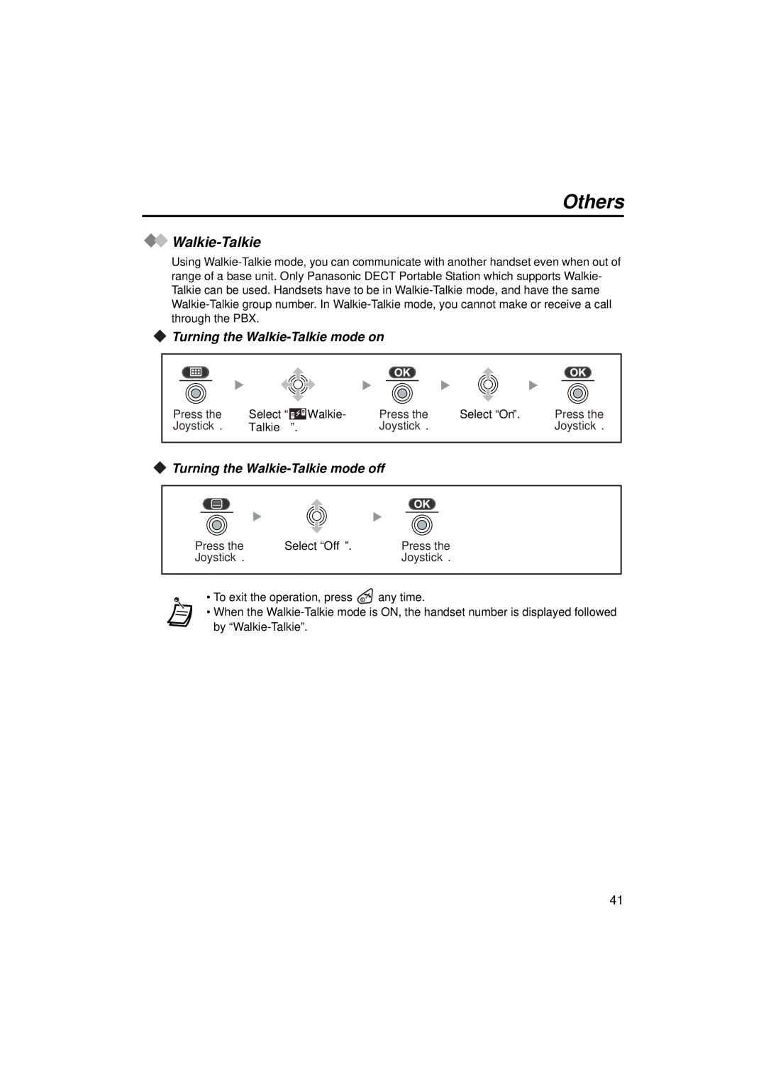 Panasonic KX-TCA155 Others, Turning the Walkie-Talkie mode on, Turning the Walkie-Talkie mode off 