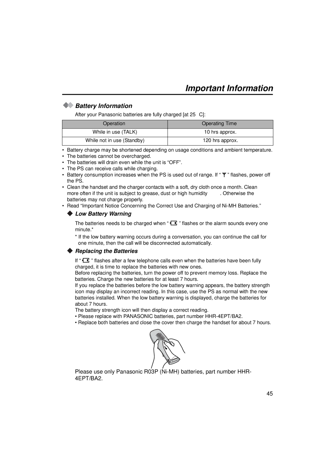 Panasonic KX-TCA155 Important Information, Battery Information, Low Battery Warning, Replacing the Batteries 