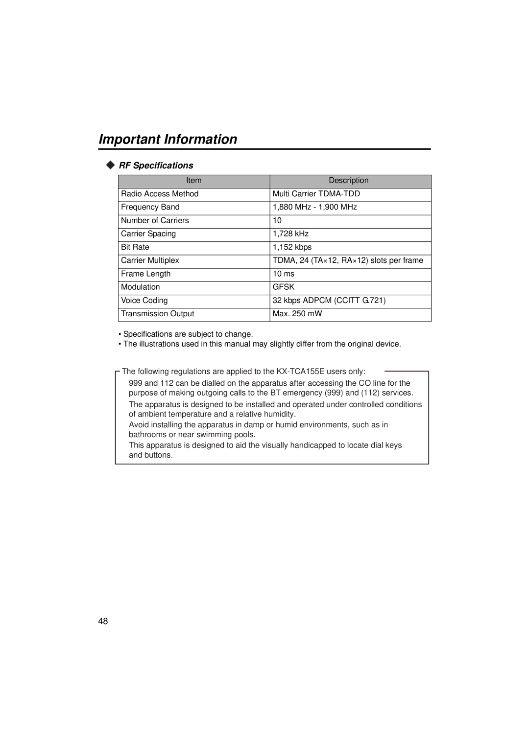 Panasonic KX-TCA155 operating instructions RF Specifications, Gfsk 