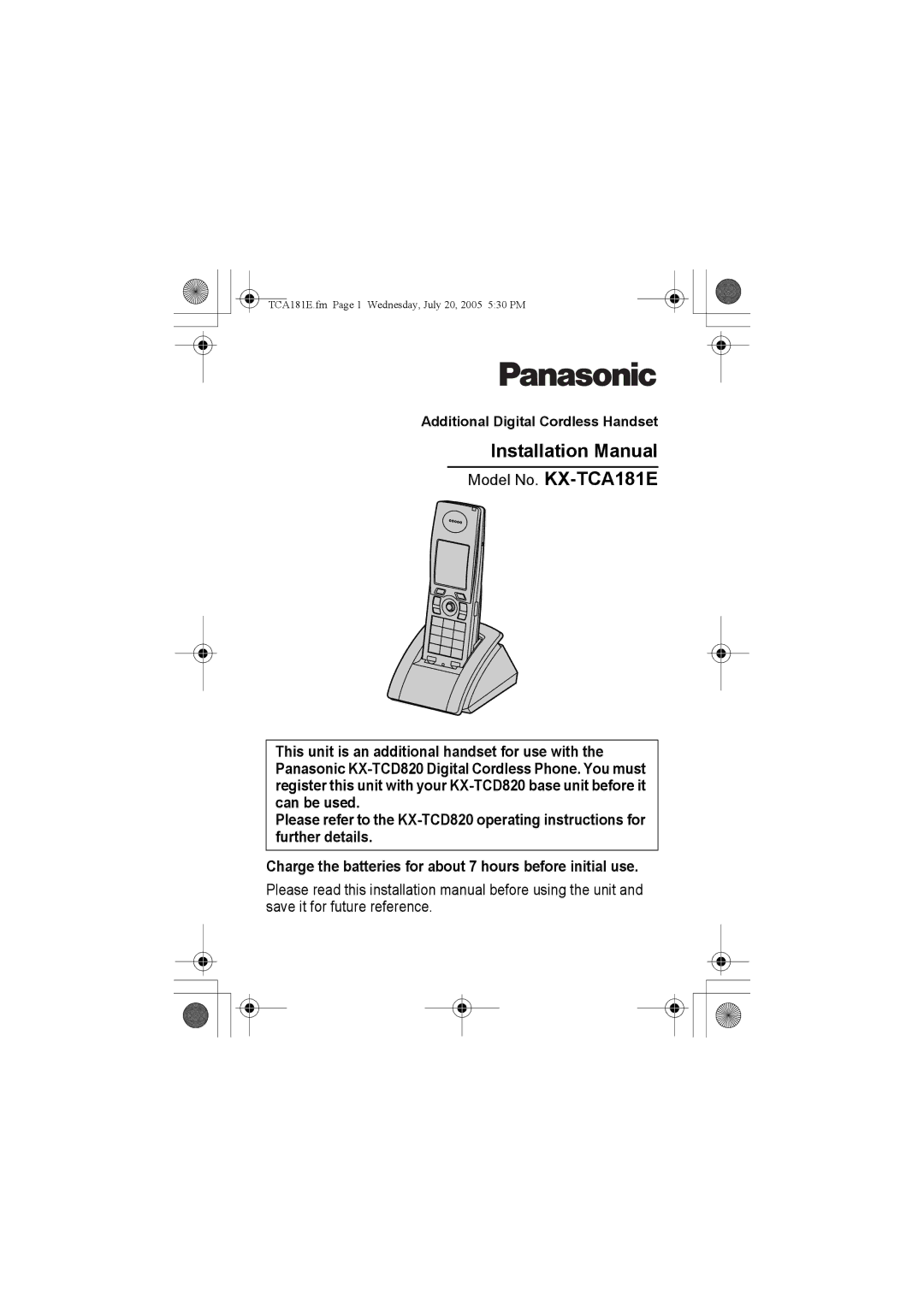 Panasonic KX-TCA181E installation manual Installation Manual, Additional Digital Cordless Handset 