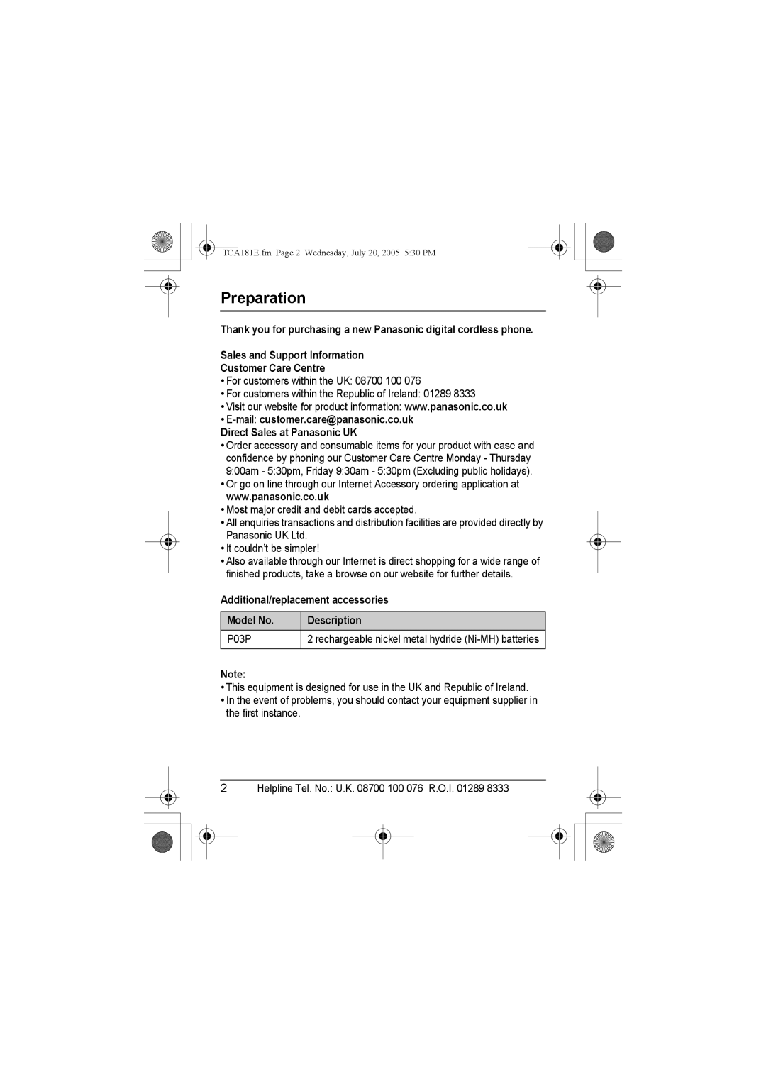 Panasonic KX-TCA181E installation manual Preparation 