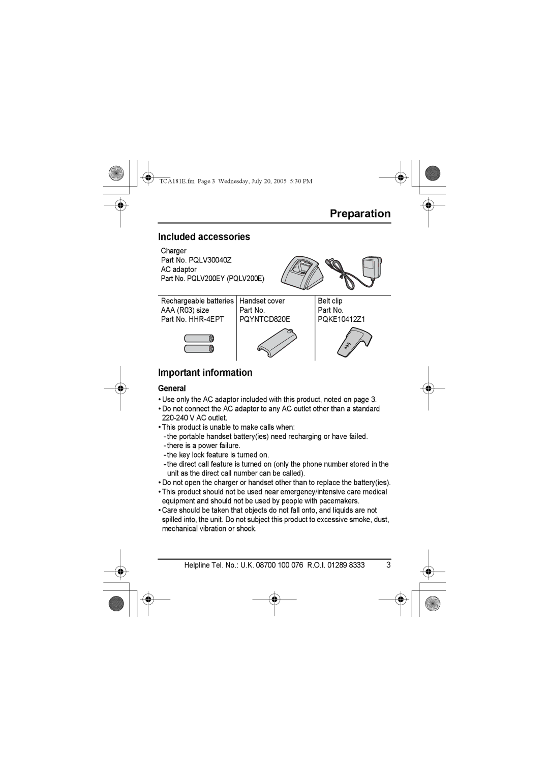 Panasonic KX-TCA181E installation manual Included accessories, Important information, General 