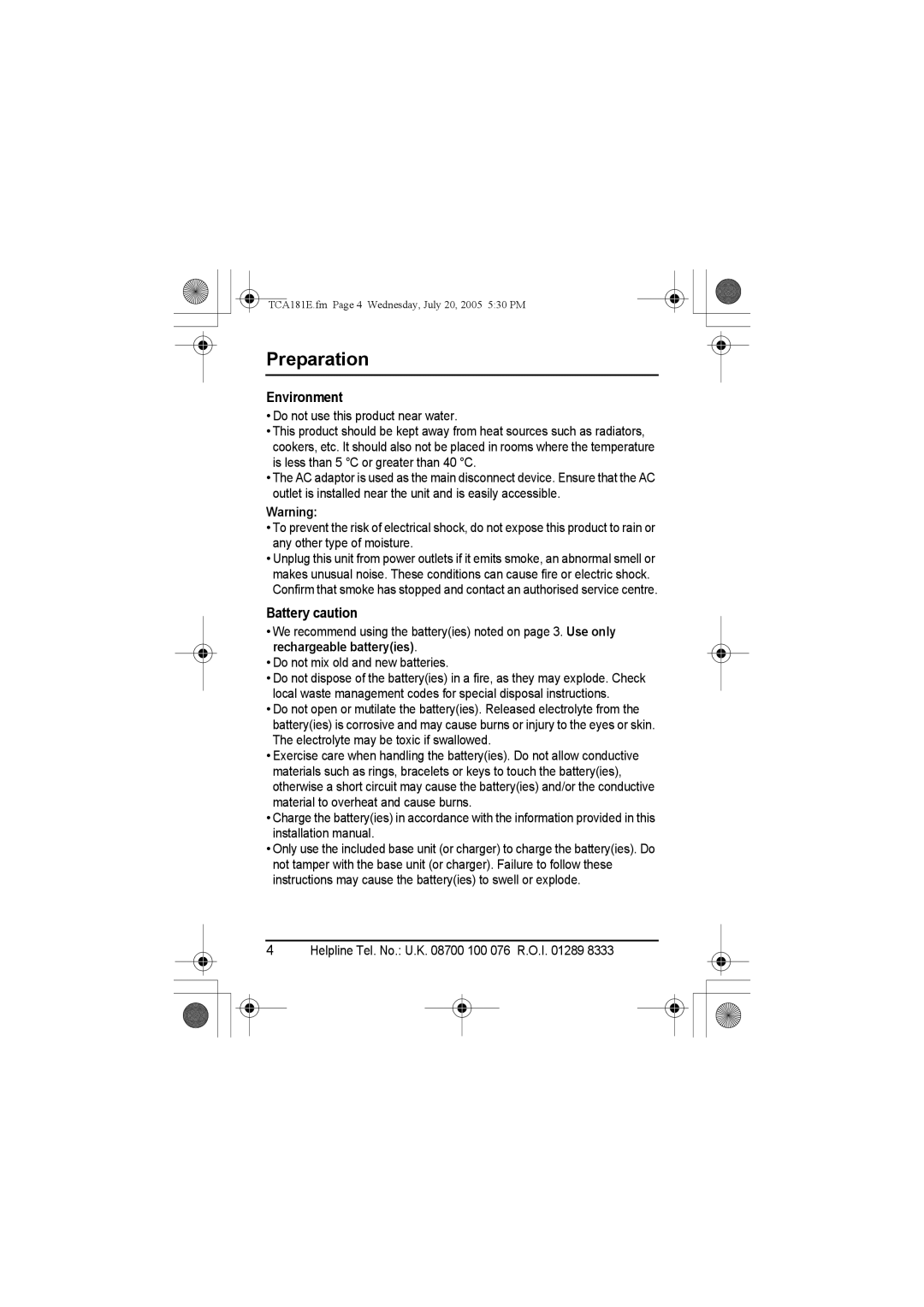 Panasonic KX-TCA181E installation manual Environment, Battery caution 