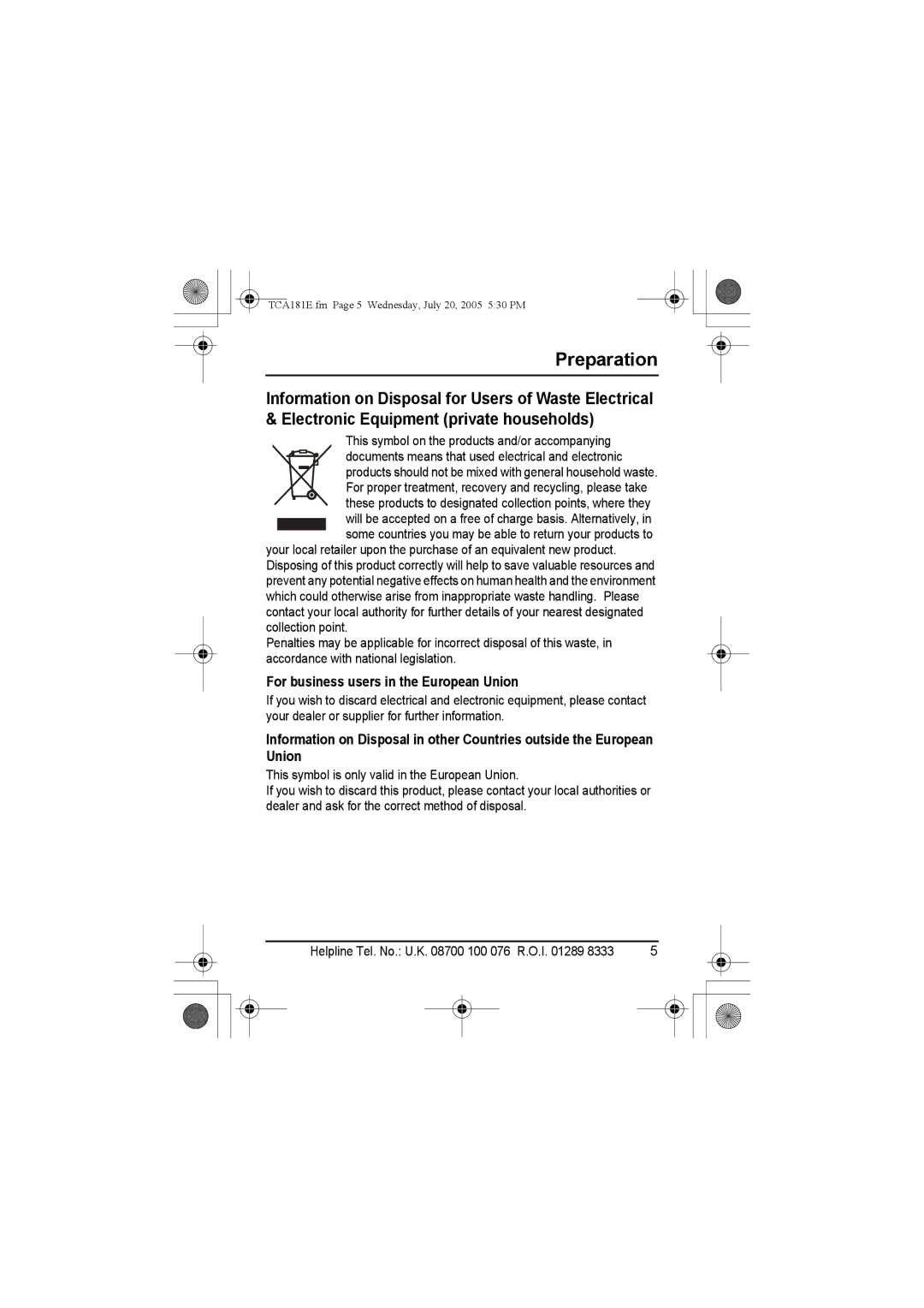 Panasonic KX-TCA181E installation manual For business users in the European Union 