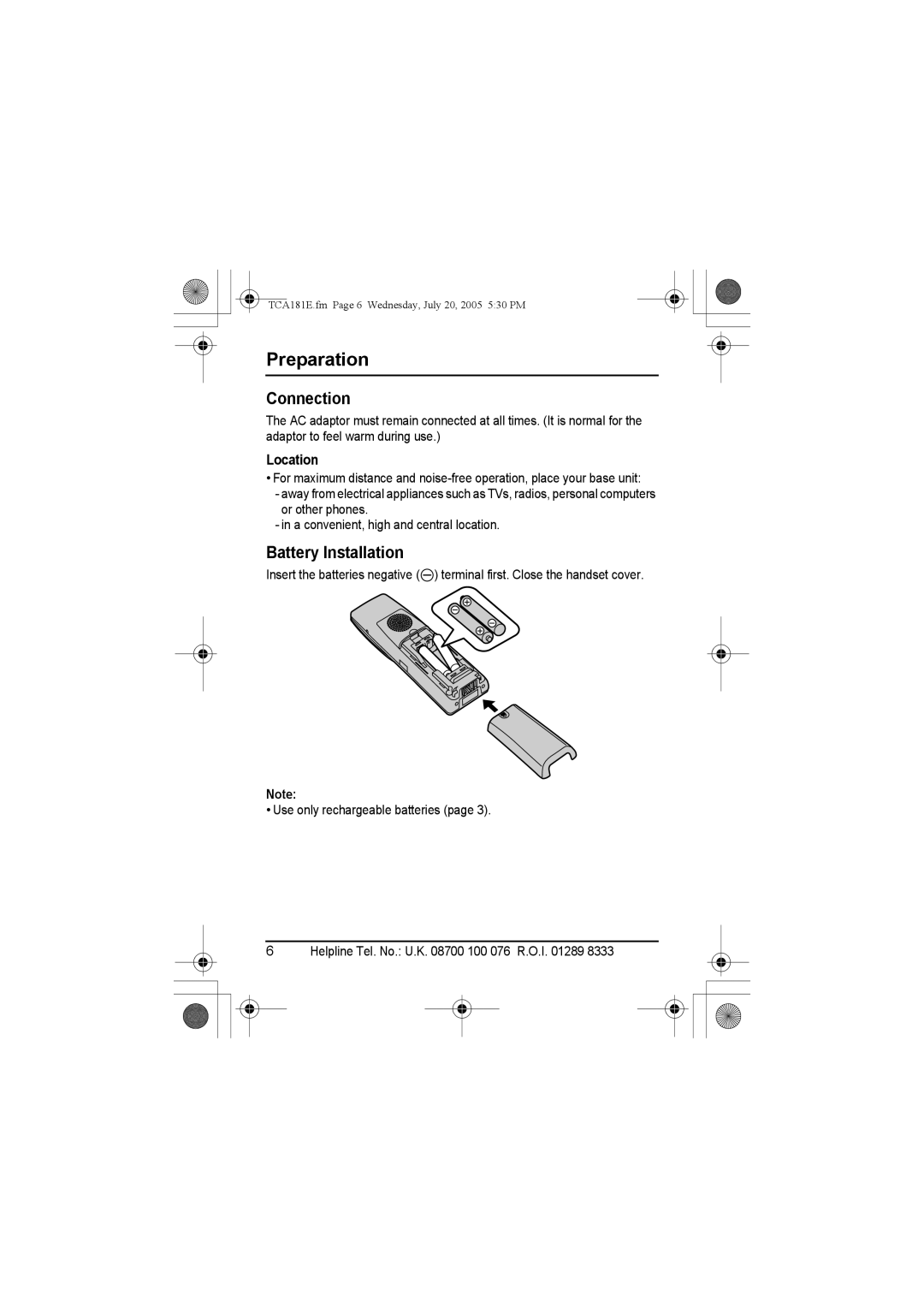 Panasonic KX-TCA181E installation manual Connection, Battery Installation, Location 