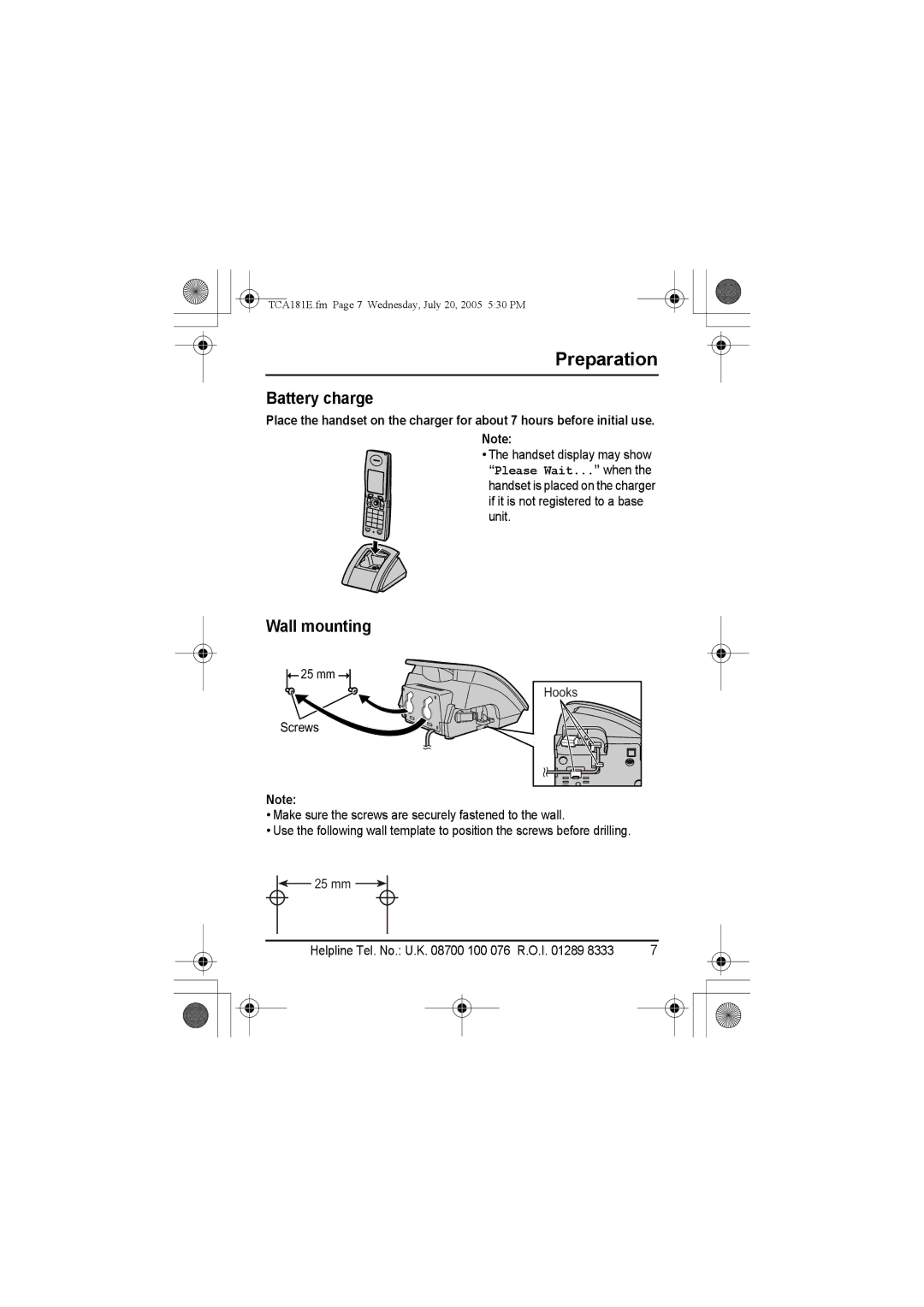 Panasonic KX-TCA181E installation manual Battery charge, Wall mounting 