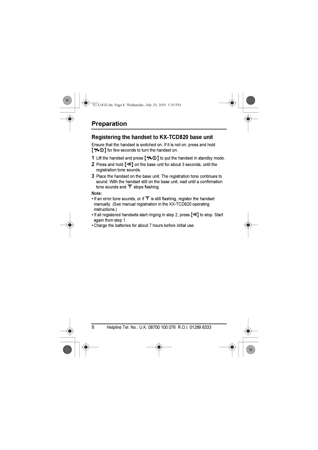 Panasonic KX-TCA181E installation manual Registering the handset to KX-TCD820 base unit 