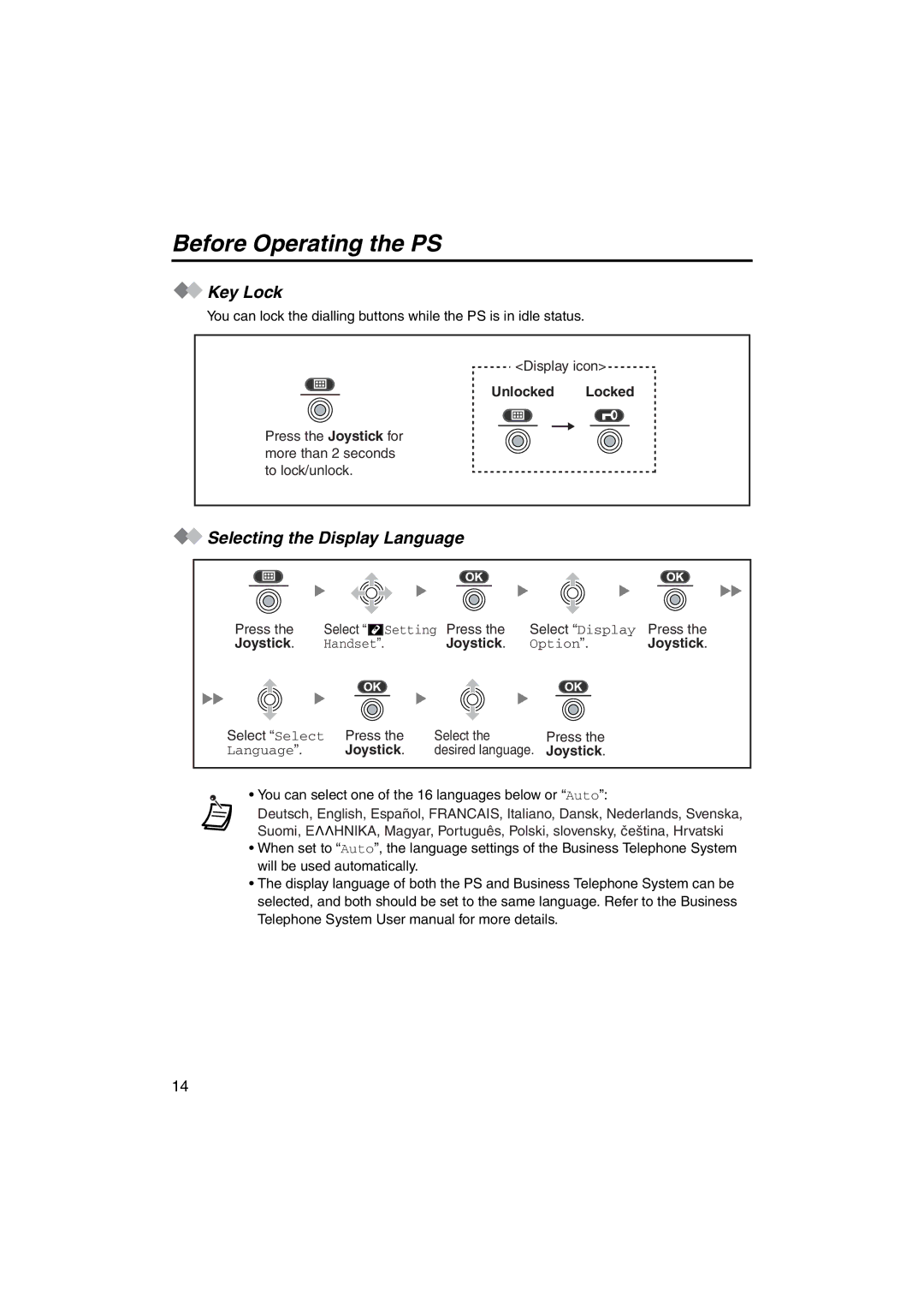 Panasonic KX-TCA255 operating instructions Key Lock, Selecting the Display Language, Unlocked Locked 