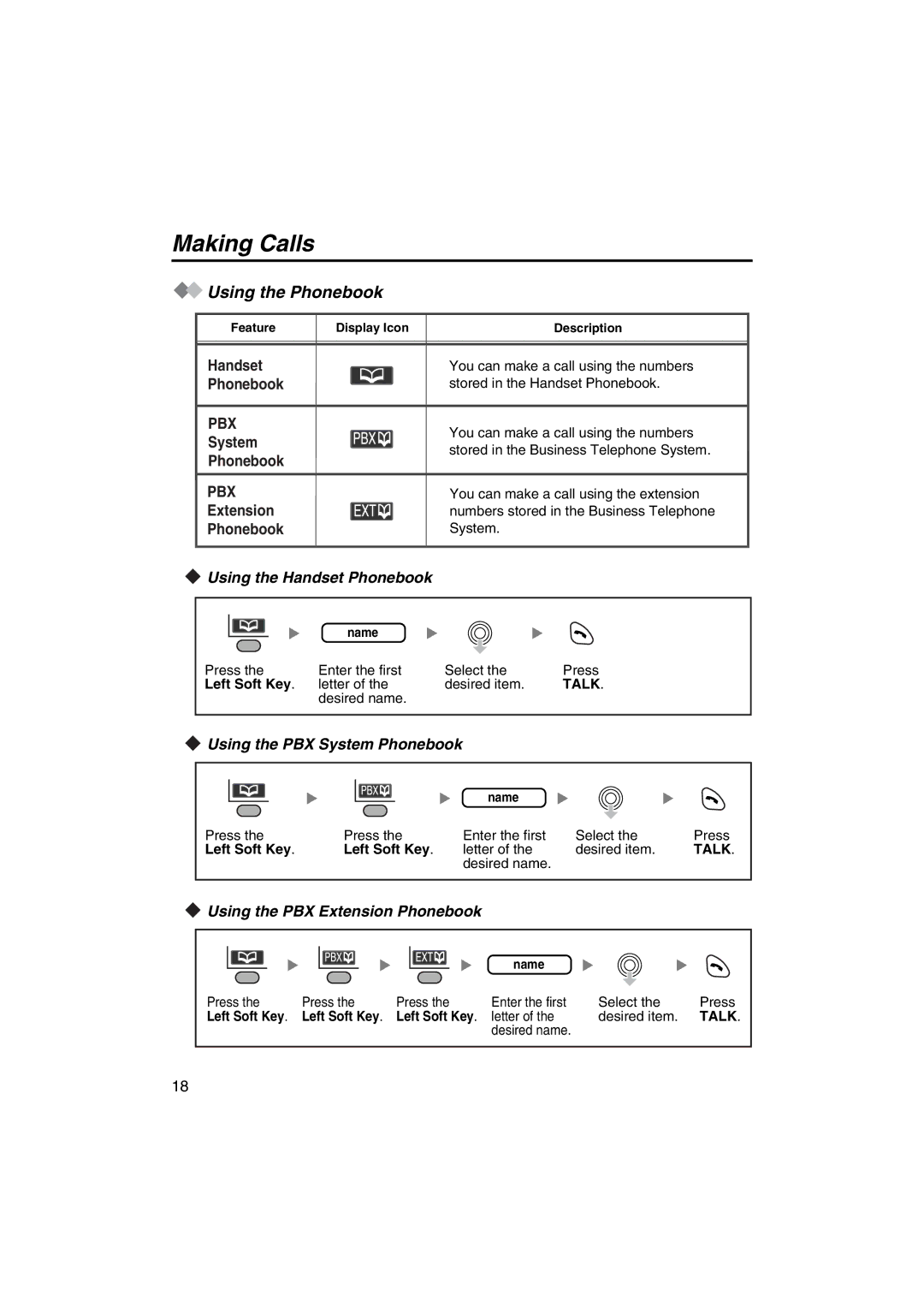 Panasonic KX-TCA255 operating instructions Using the Phonebook, Using the Handset Phonebook, Using the PBX System Phonebook 