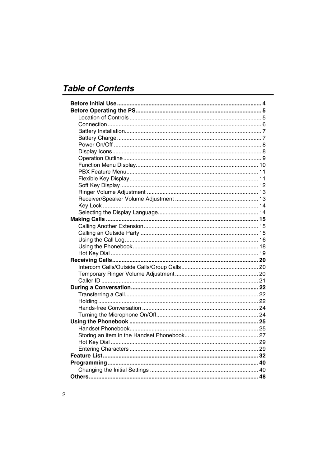 Panasonic KX-TCA255 operating instructions Table of Contents 