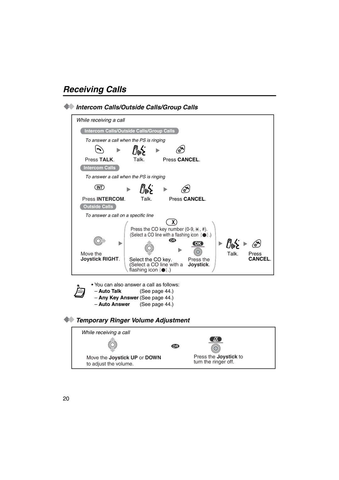 Panasonic KX-TCA255 Receiving Calls, Intercom Calls/Outside Calls/Group Calls, Temporary Ringer Volume Adjustment 