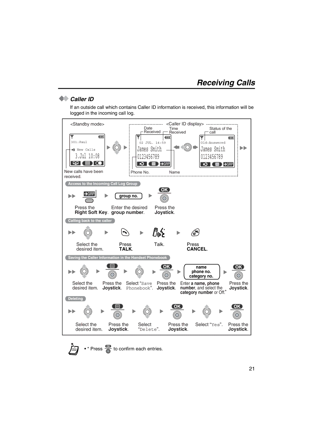 Panasonic KX-TCA255 Caller ID, Right Soft Key Group number Joystick, Enter a name, phone, Joystick . Phonebook . Joystick 