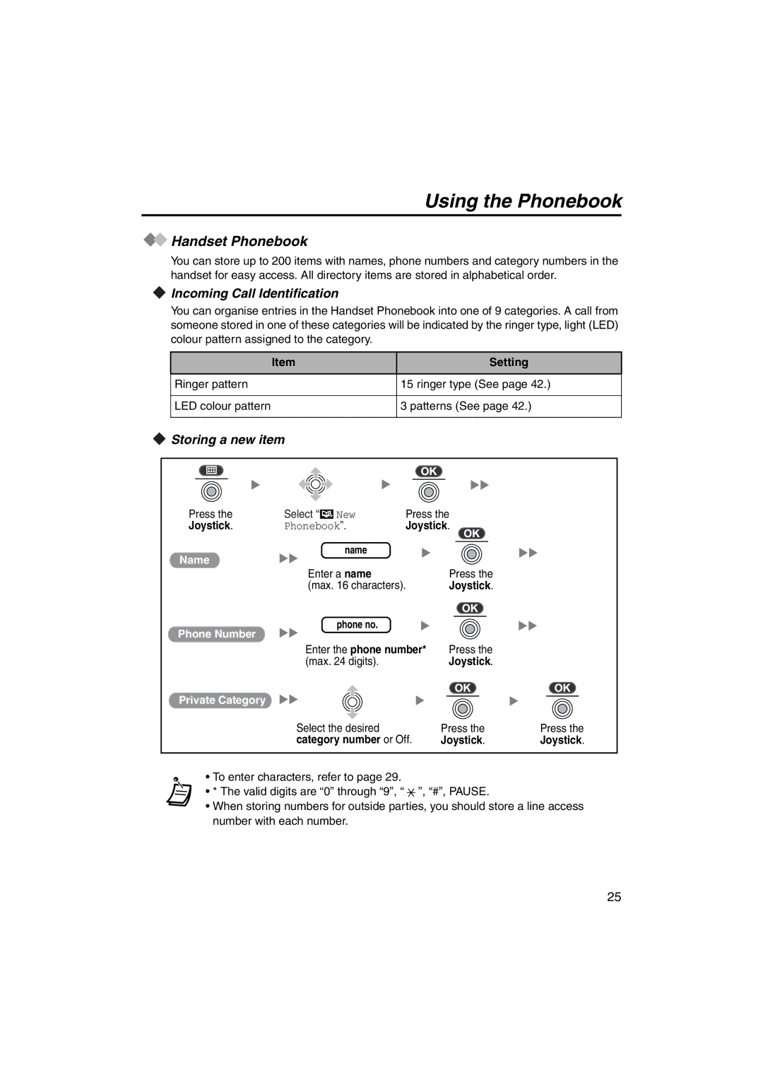 Panasonic KX-TCA255 Using the Phonebook, Handset Phonebook, Incoming Call Identification, Storing a new item 