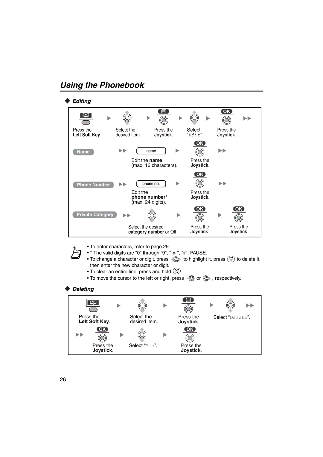 Panasonic KX-TCA255 operating instructions Editing, Deleting, Phone number Joystick 