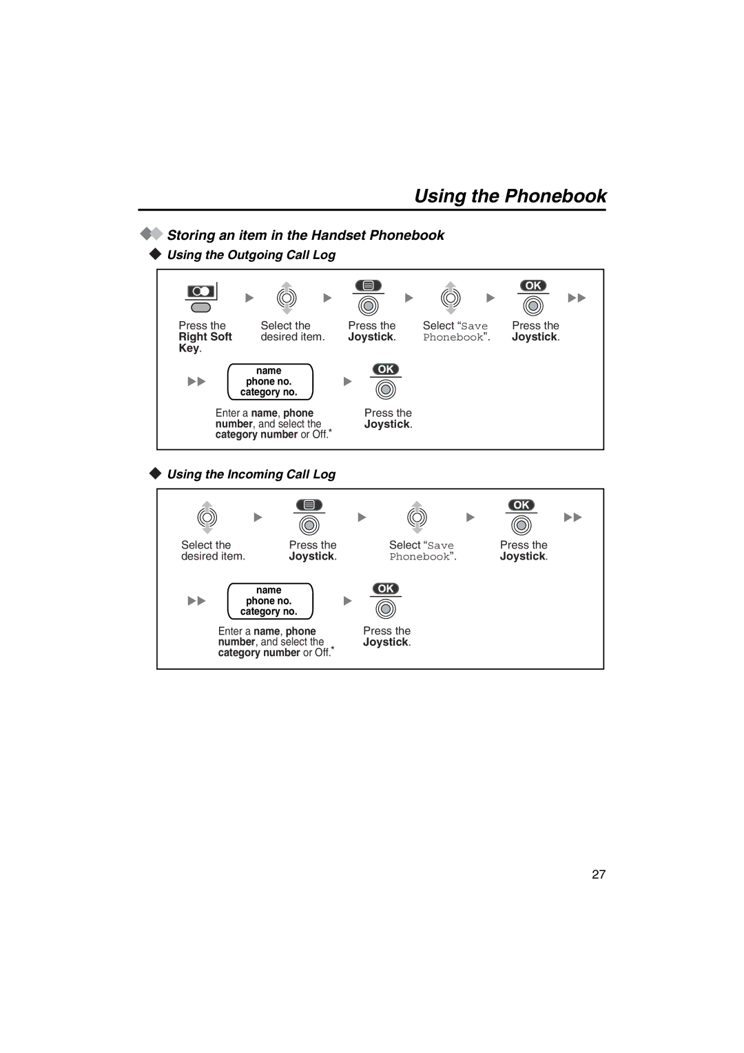 Panasonic KX-TCA255 Storing an item in the Handset Phonebook, Right Soft, Key, Joystick Category number or Off 