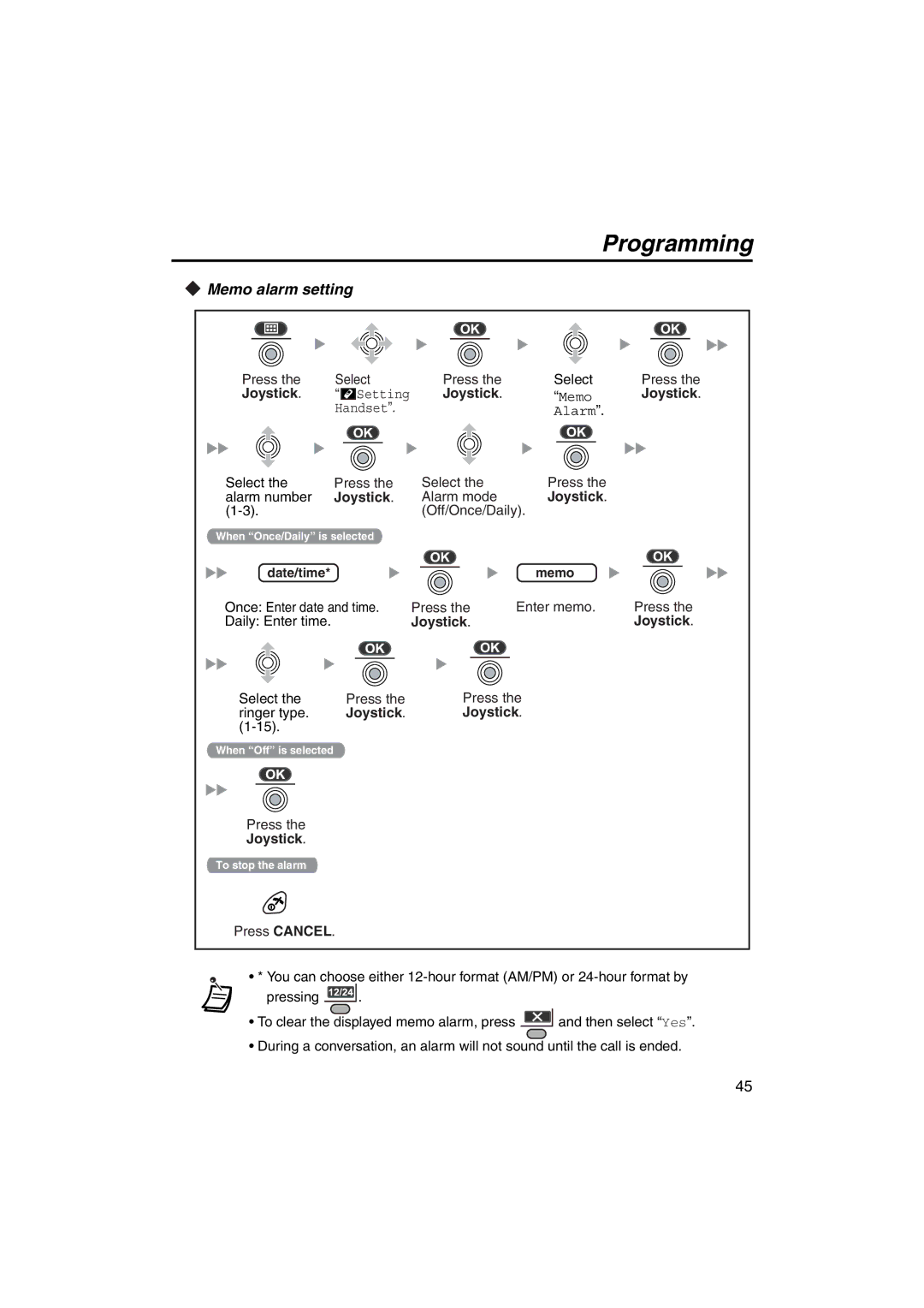 Panasonic KX-TCA255 operating instructions Memo alarm setting, Joystick 