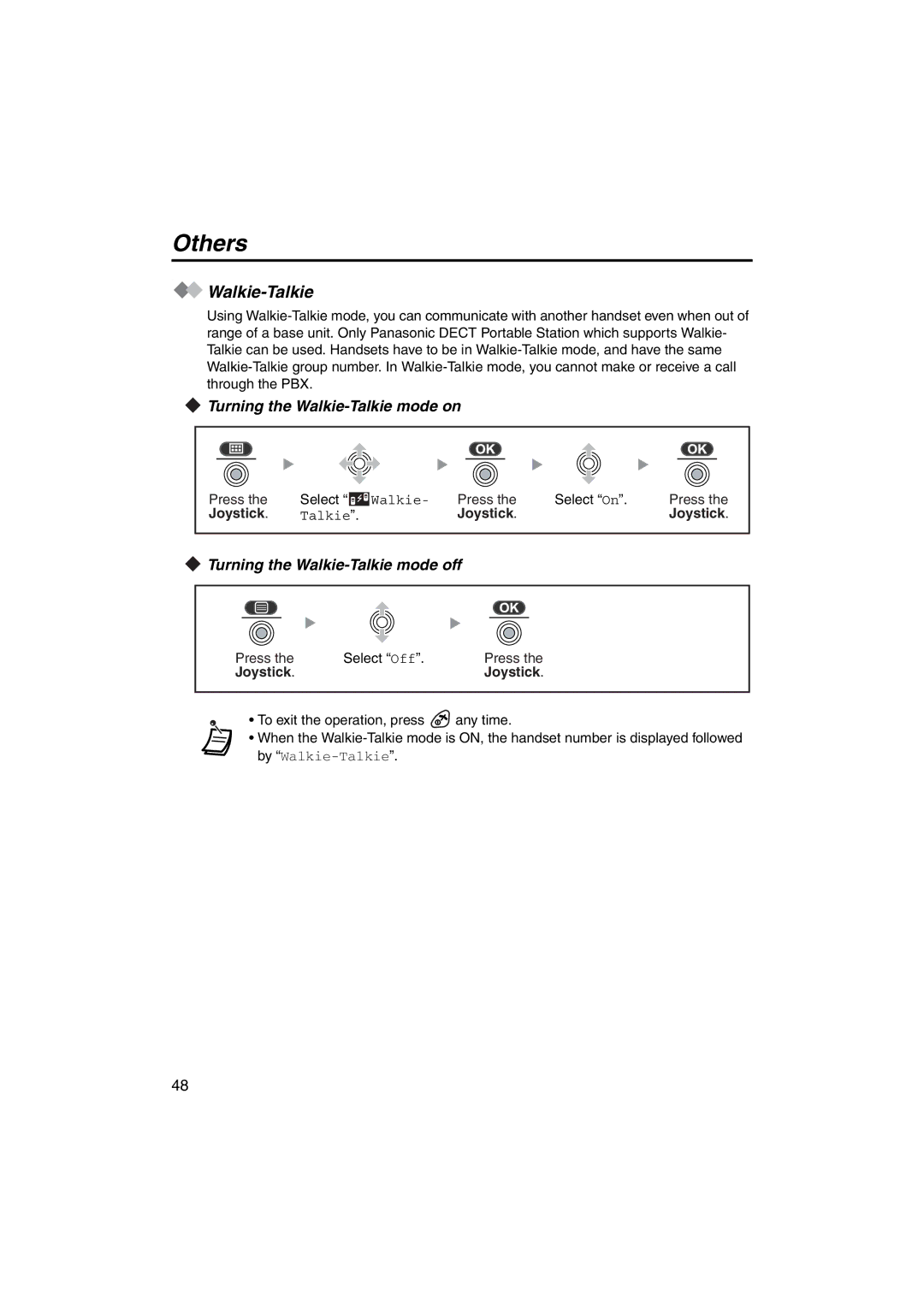 Panasonic KX-TCA255 Others, Turning the Walkie-Talkie mode on, Turning the Walkie-Talkie mode off 