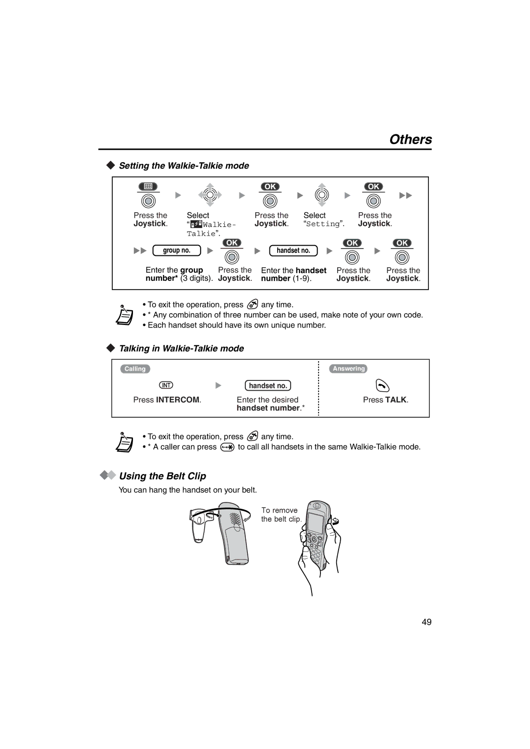 Panasonic KX-TCA255 Using the Belt Clip, Setting the Walkie-Talkie mode, Talking in Walkie-Talkie mode, Joystick Number 