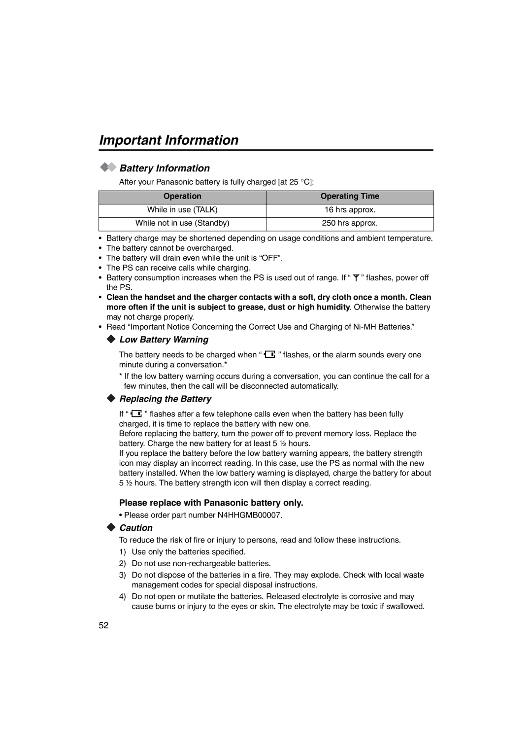 Panasonic KX-TCA255 Important Information, Battery Information, Low Battery Warning, Replacing the Battery 