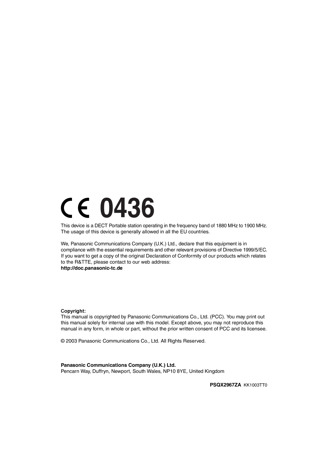 Panasonic KX-TCA255 operating instructions Http//doc.panasonic-tc.de Copyright, PSQX2967ZA KK1003TT0 