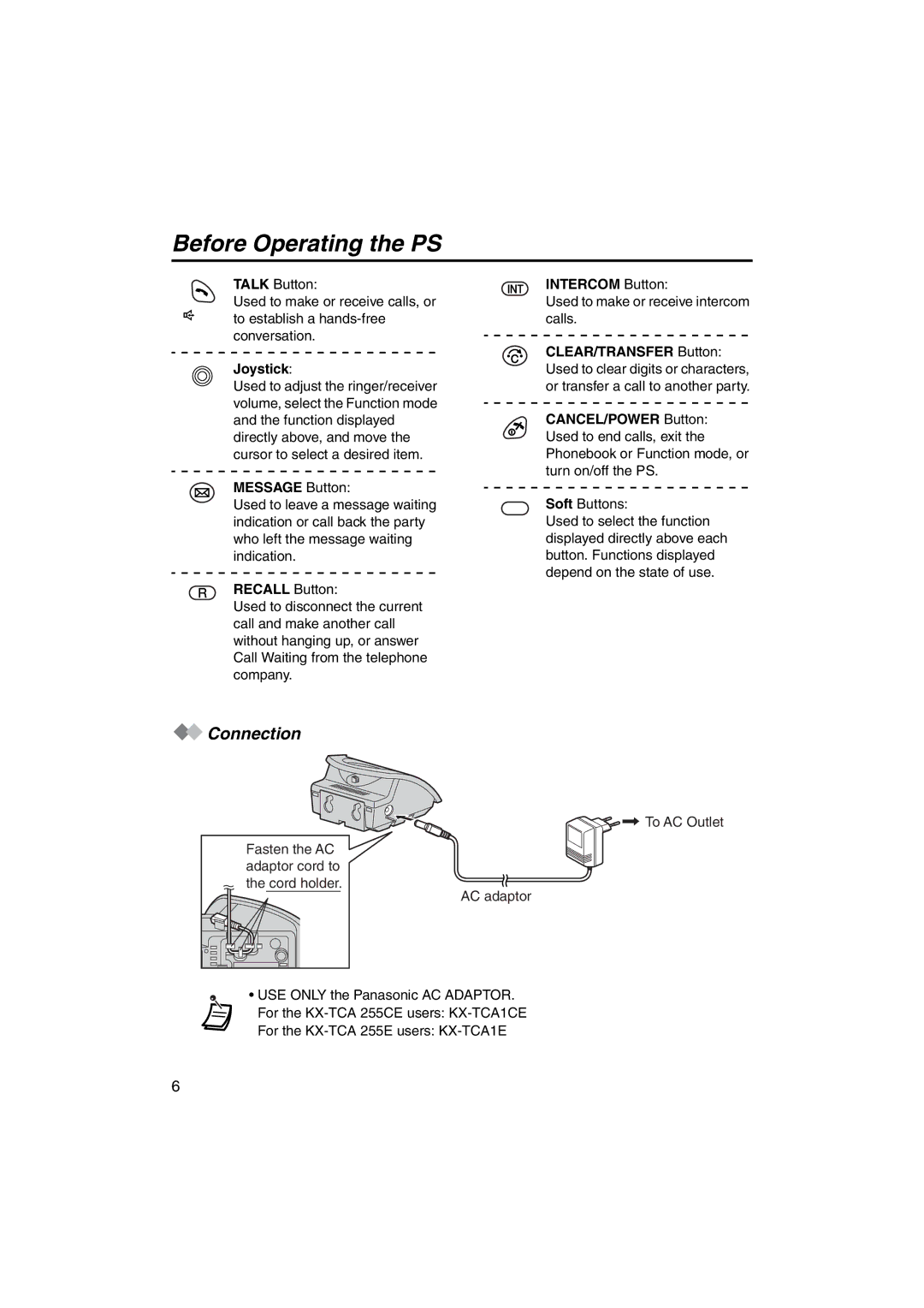 Panasonic KX-TCA255 operating instructions Connection 