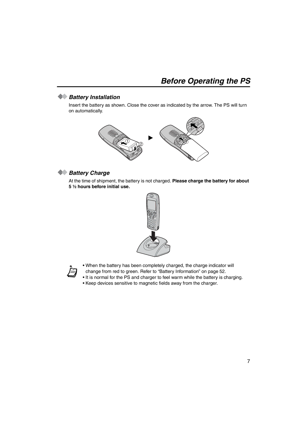 Panasonic KX-TCA255 operating instructions Battery Installation, Battery Charge, ½ hours before initial use 