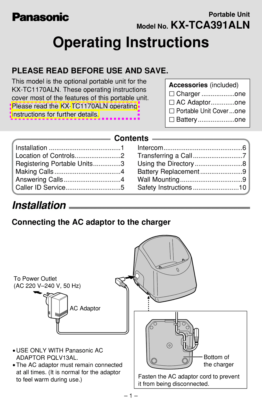 Panasonic KX-TCA391ALN operating instructions Installation, Contents, Connecting the AC adaptor to the charger 