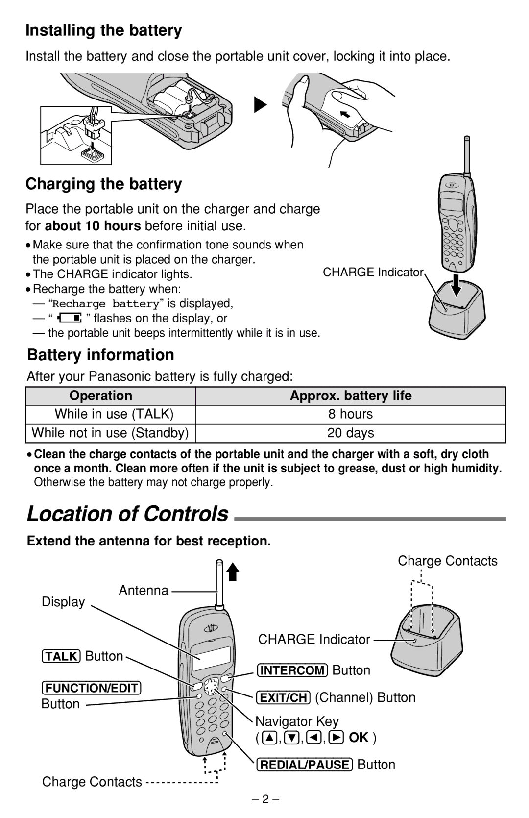 Panasonic KX-TCA391ALN Location of Controls, Installing the battery, Charging the battery, Battery information 