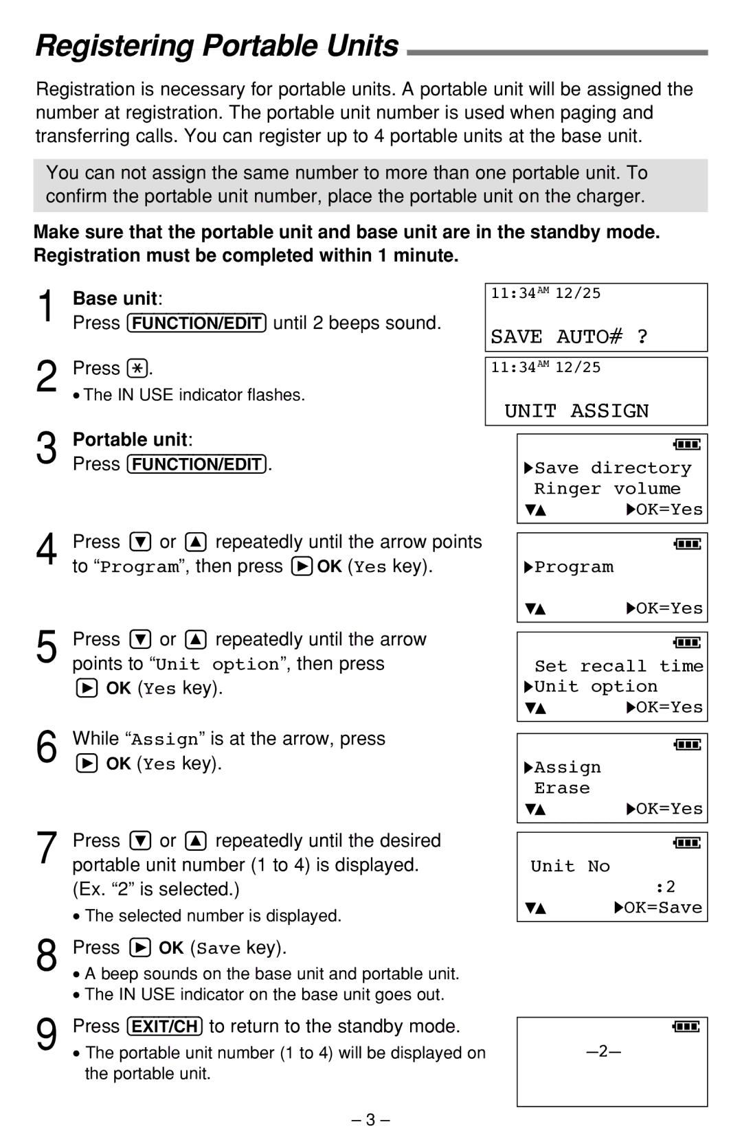 Panasonic KX-TCA391ALN operating instructions Registering Portable Units, Press FUNCTION/EDIT until 2 beeps sound 