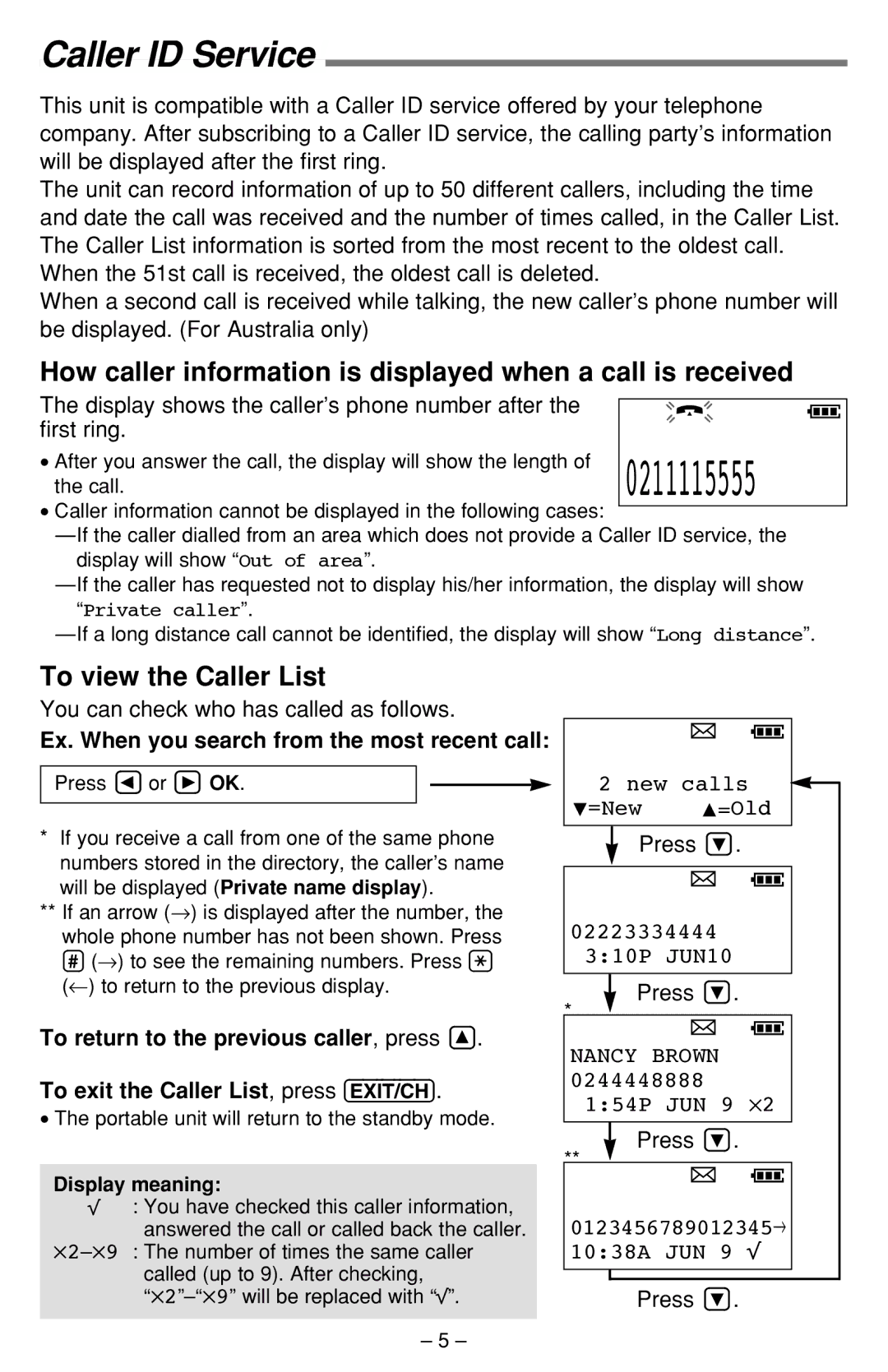 Panasonic KX-TCA391ALN Caller ID Service, How caller information is displayed when a call is received 