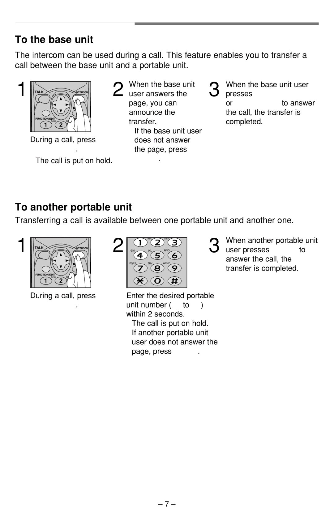 Panasonic KX-TCA391ALN operating instructions Transferring a Call, To the base unit, To another portable unit 