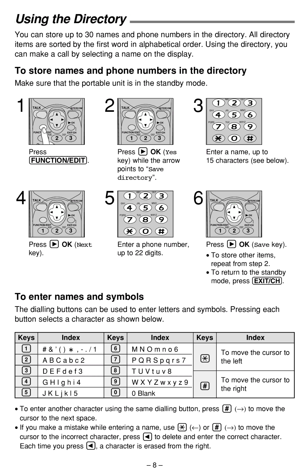 Panasonic KX-TCA391ALN Using the Directory, To store names and phone numbers in the directory, To enter names and symbols 